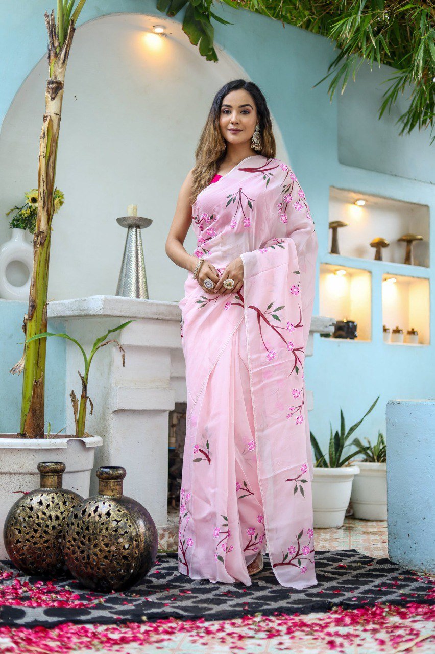 Pink Georgette Printed Ready-to-Wear Saree with Red Unstitched Blouse