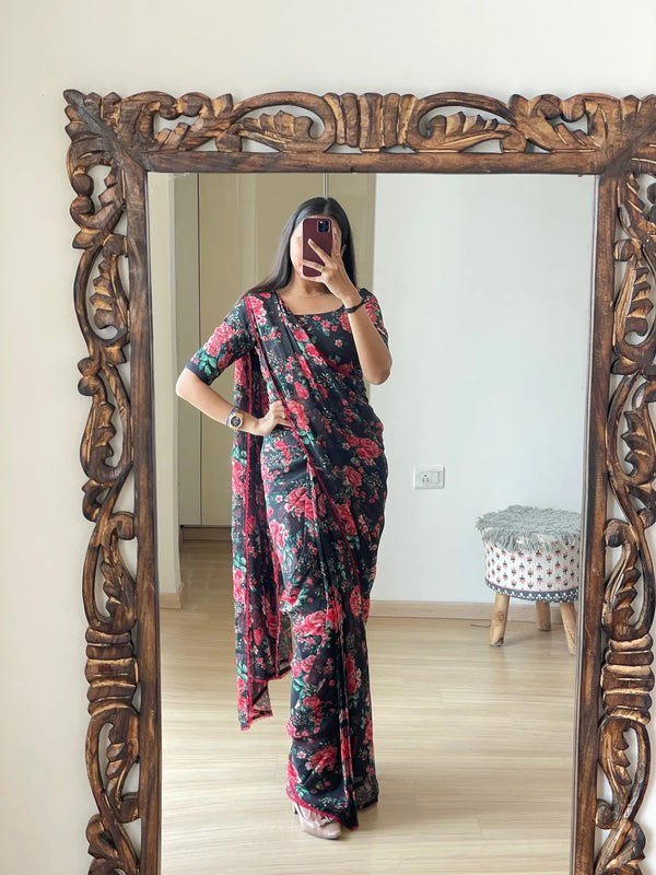 Elegant Black Georgette Printed Saree with Unstitched Silk Blouse