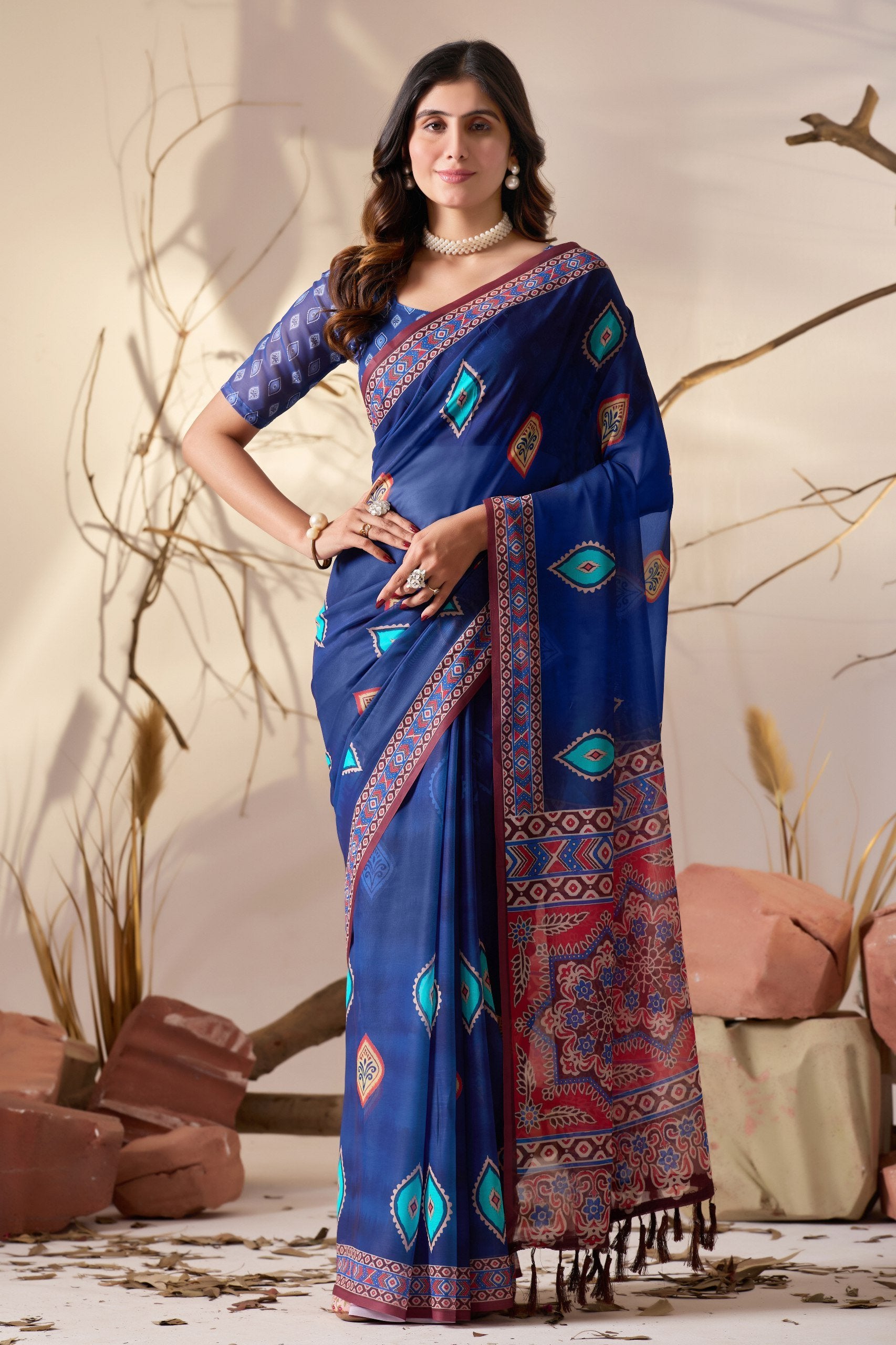 Royal Blue Geometric Elegance Soft Georgette Saree