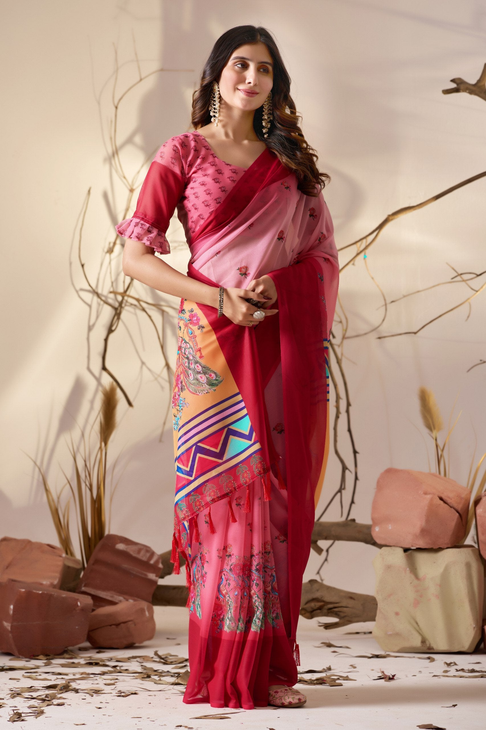 Rose Harmony Soft Georgette Dual Pink Saree