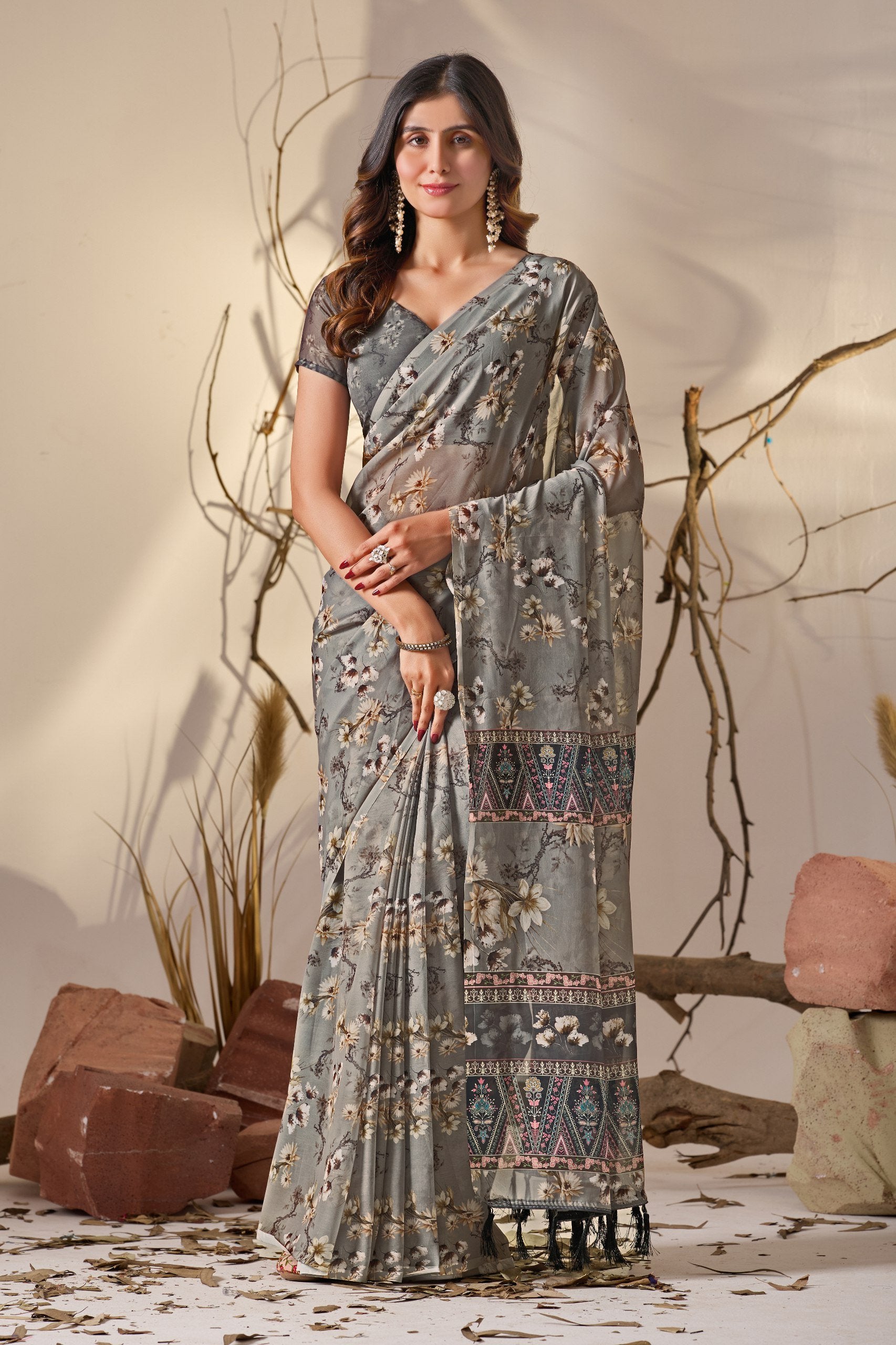 Misty Grey Tribal Bloom Soft Georgette Saree
