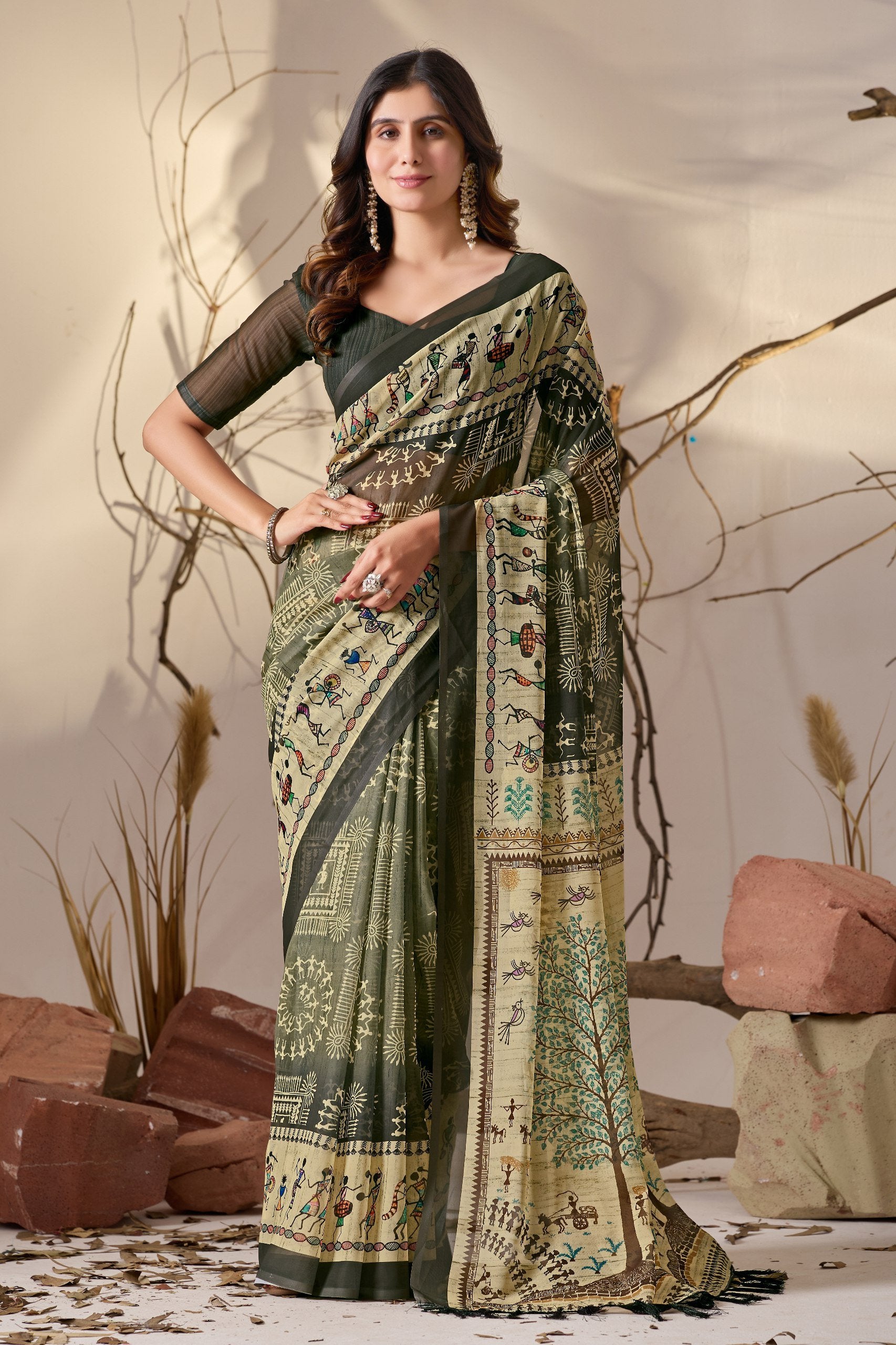 Olive Warli Heritage Soft Georgette Saree