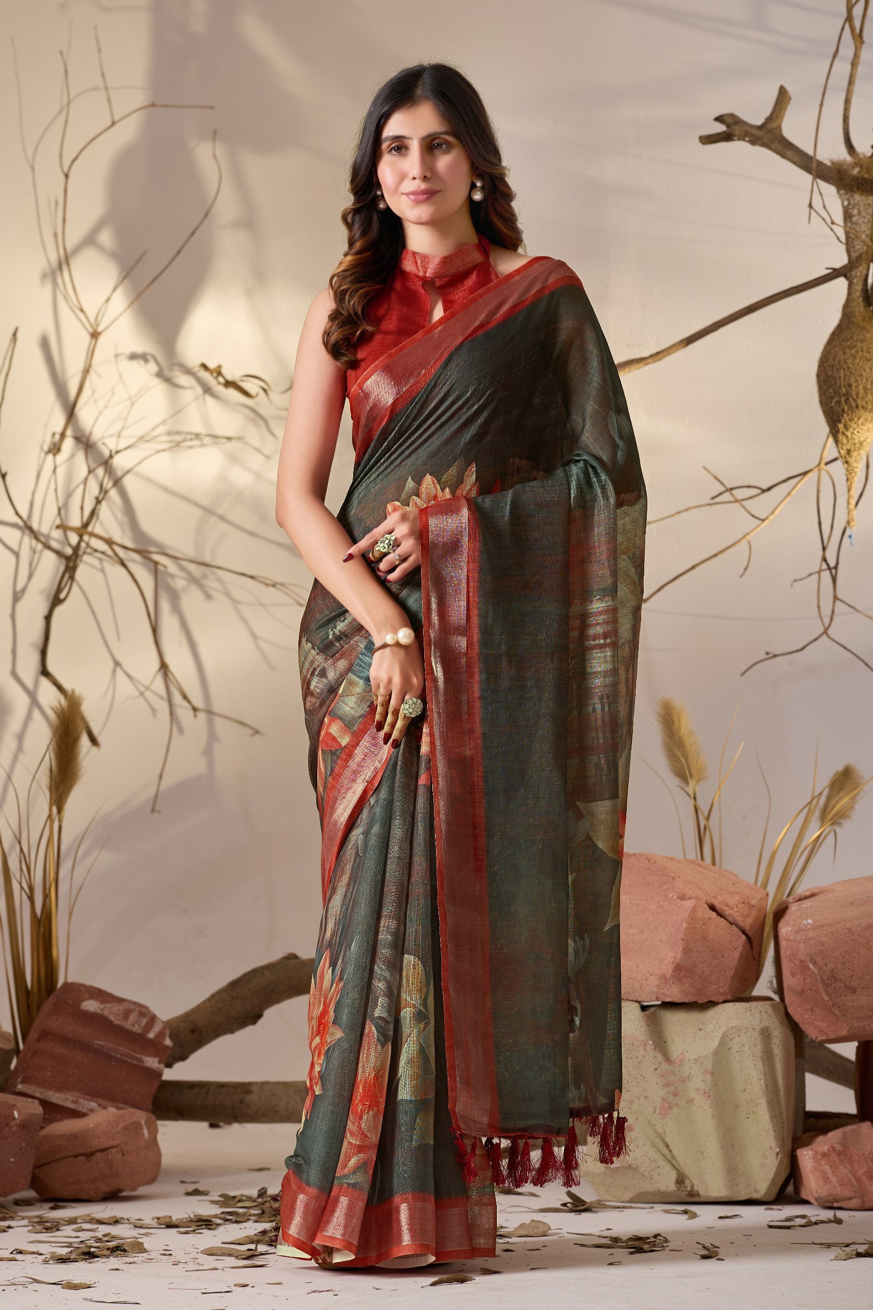 Rustic Elegance Dark Floral Linen Cotton Saree