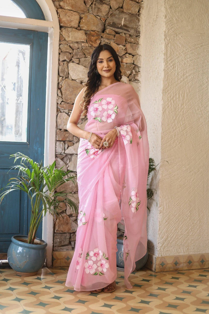 Soft Baby Pink Georgette Printed Saree