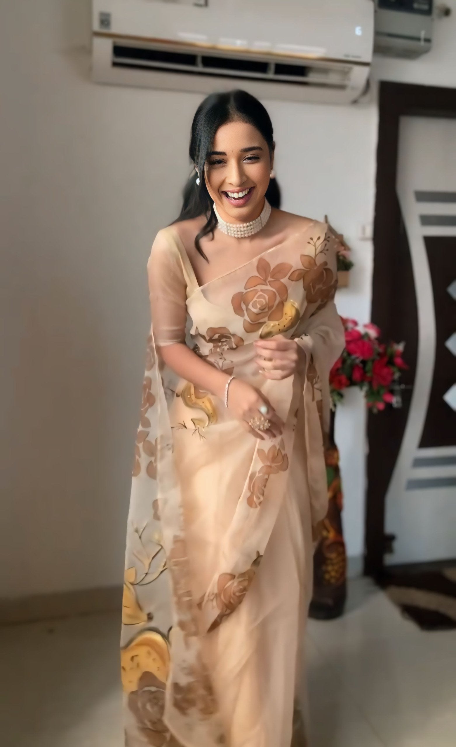 Beige Elegance Organza Silk Saree