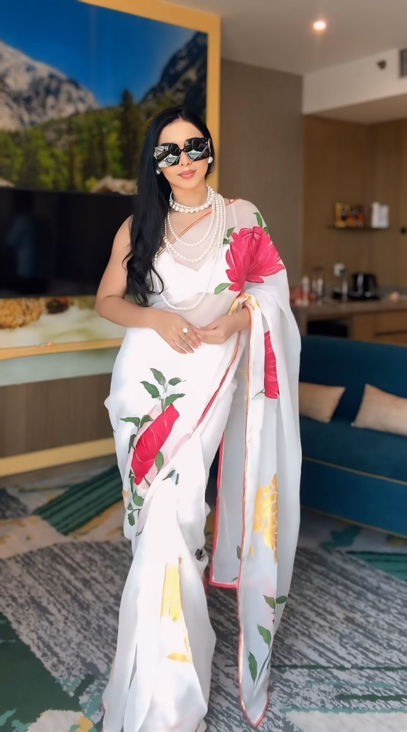 Elegant White Georgette Printed Saree