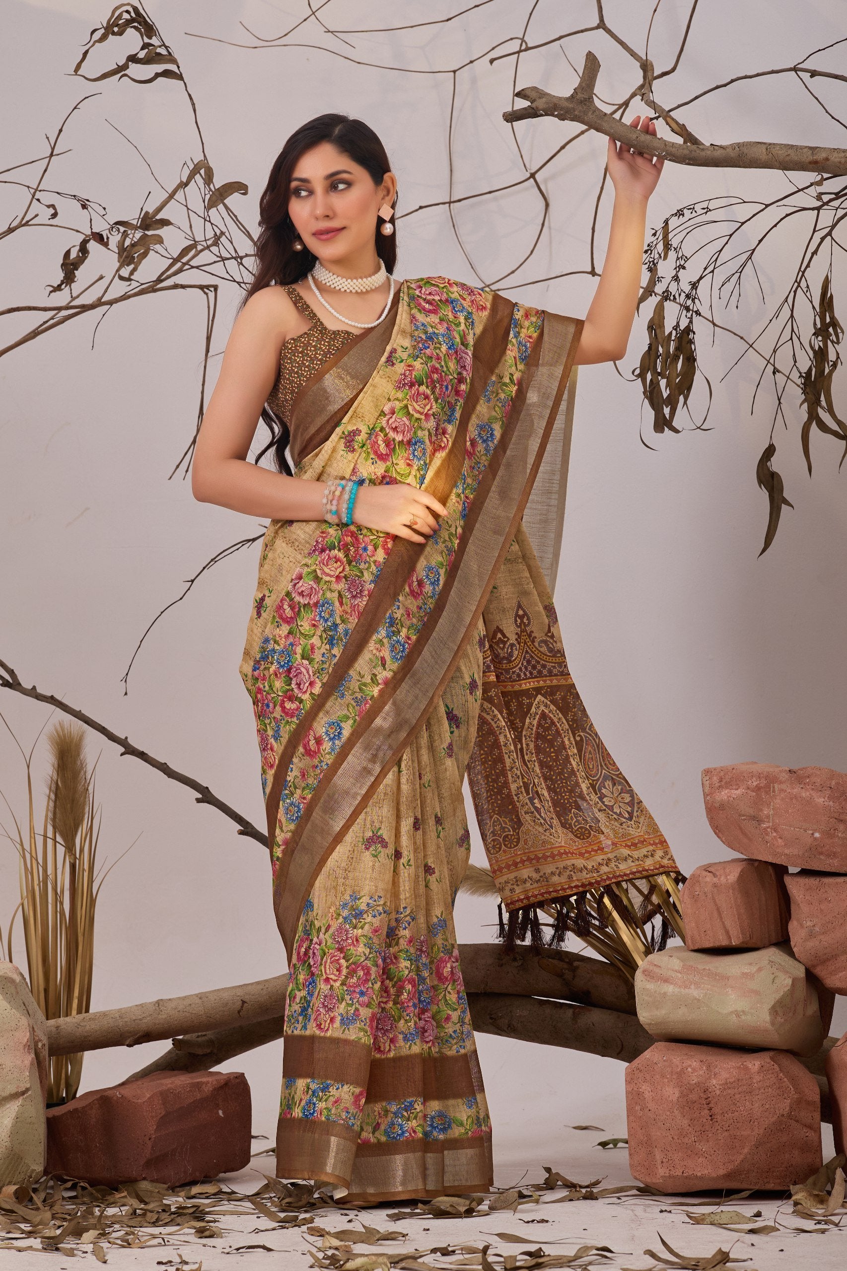 Soft Blue Elegance Linen Cotton Saree