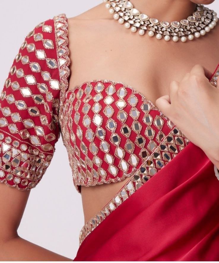 Premium French Crape Silk Saree with Heavy Real Mirror Work & Designer Blouse