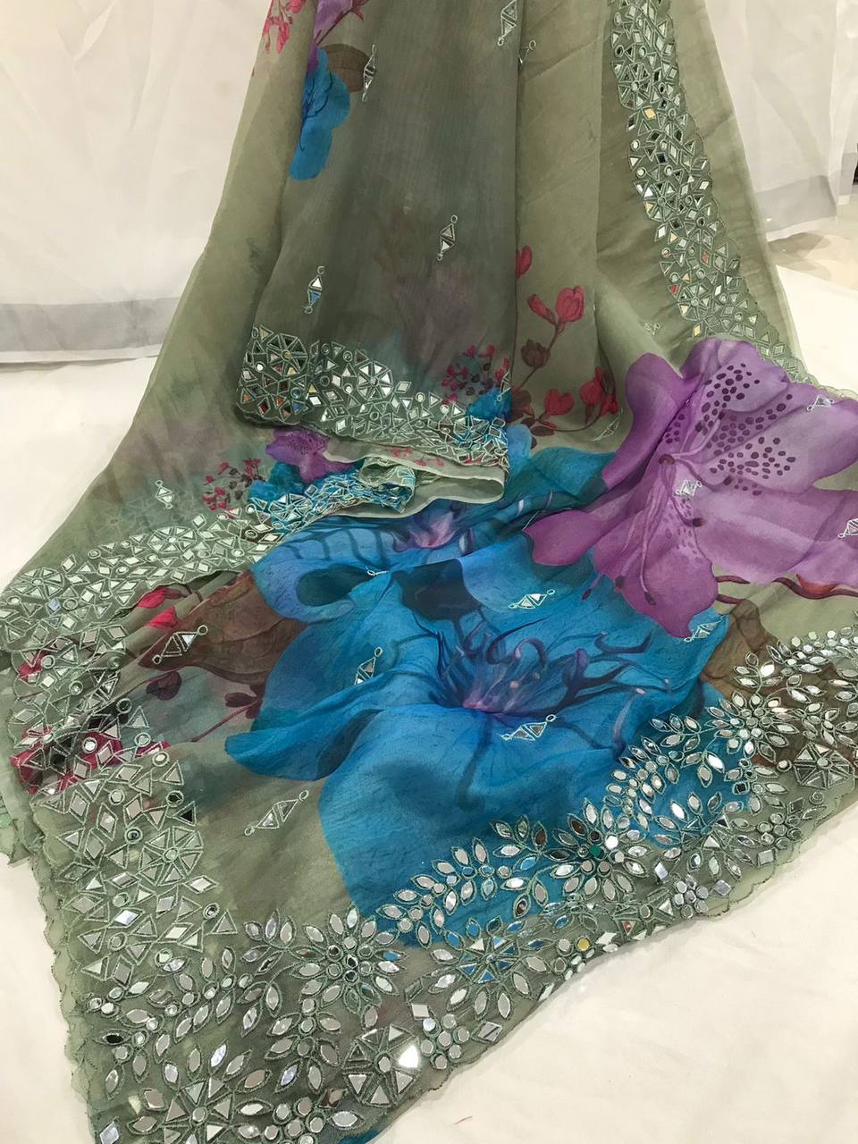 Premium Buttery Soft Organza Saree with Digital Print & Real Mirror Work