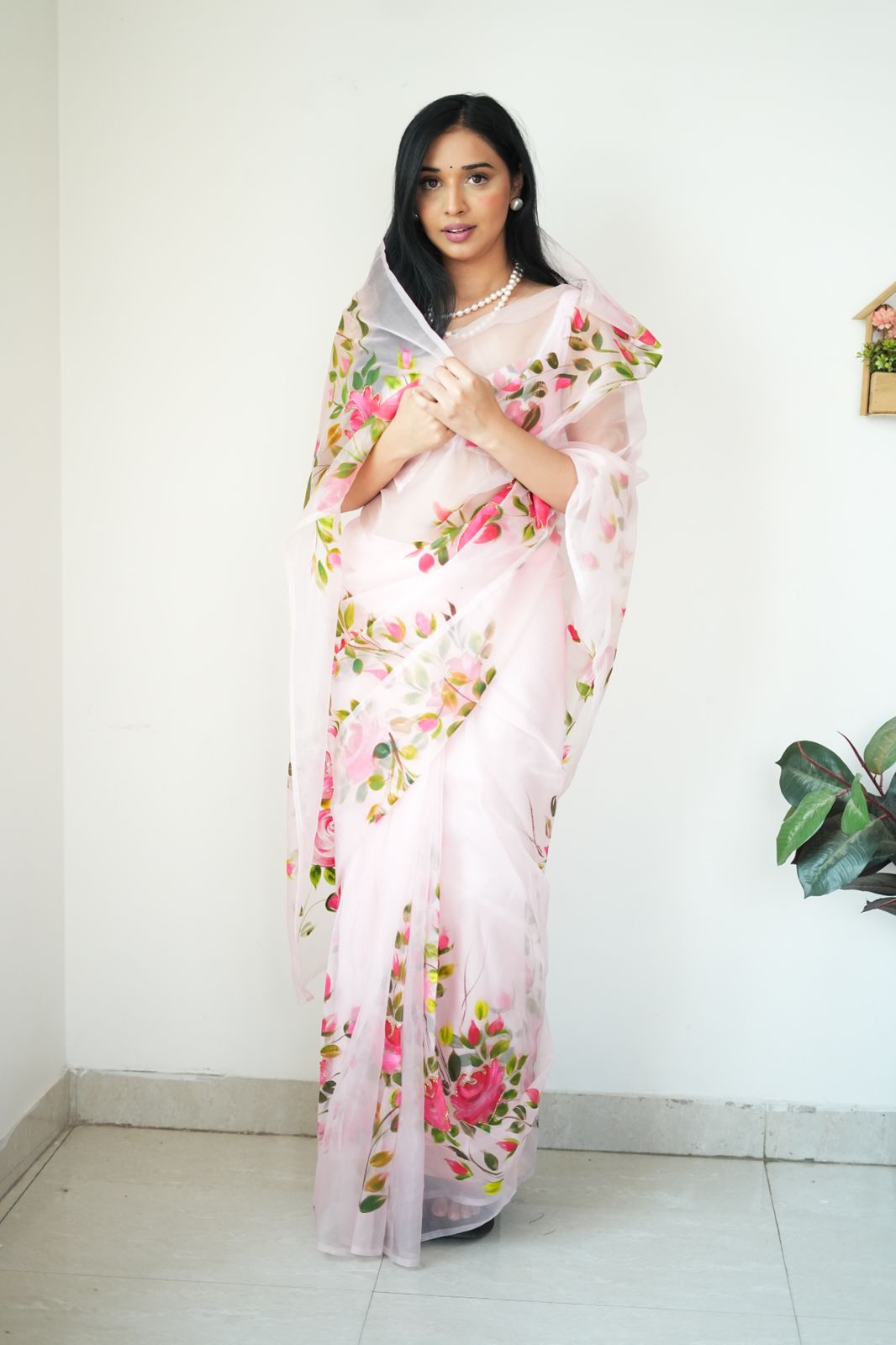 Elegant White Organza Printed Ready-to-Wear Saree