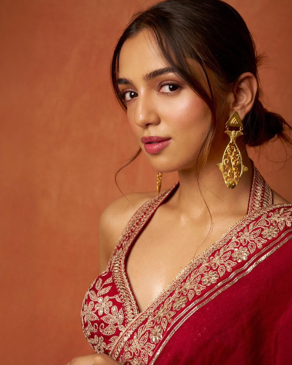 new red designer party-wear saree