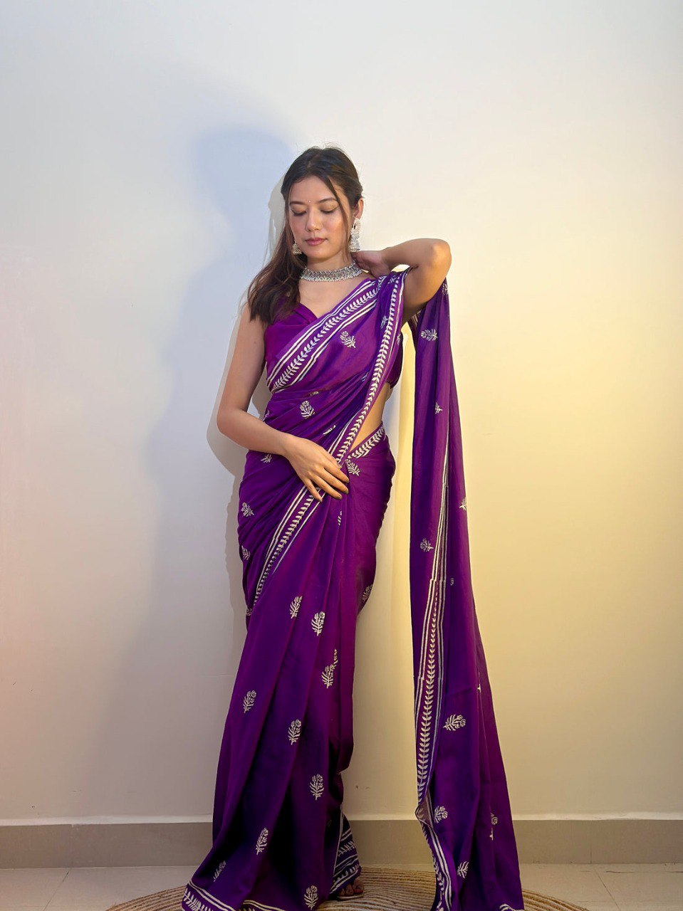 Ready to Wear Mul Cotton Printed Saree with Pocket & Silk Blouse