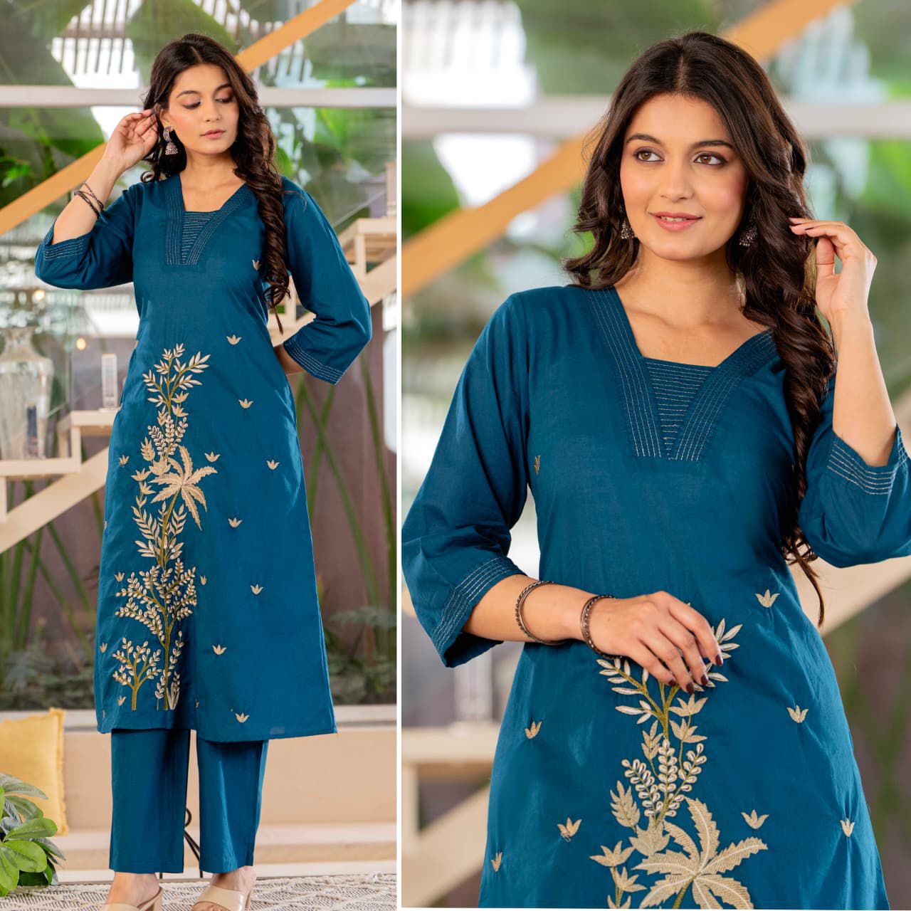 Exclusive A-Line Kurta Palazzo Set with Floral Embroidery