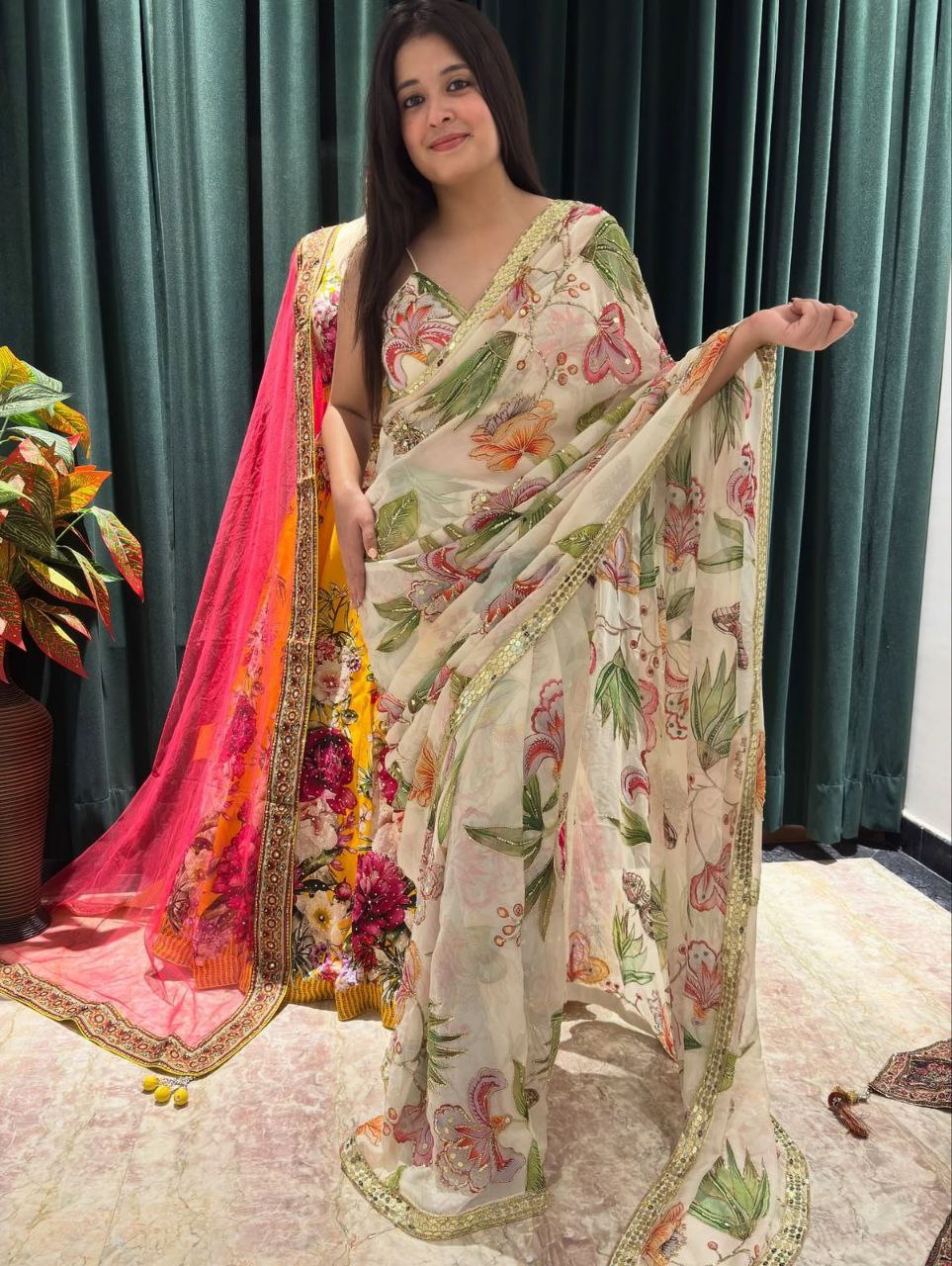 Premium Tabby Silk Designer Saree with Sequins & Foil Mirror Work