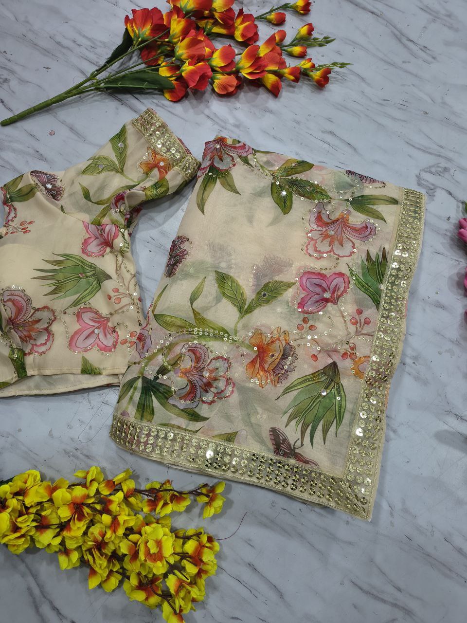 Premium Tabby Silk Designer Saree with Sequins & Foil Mirror Work