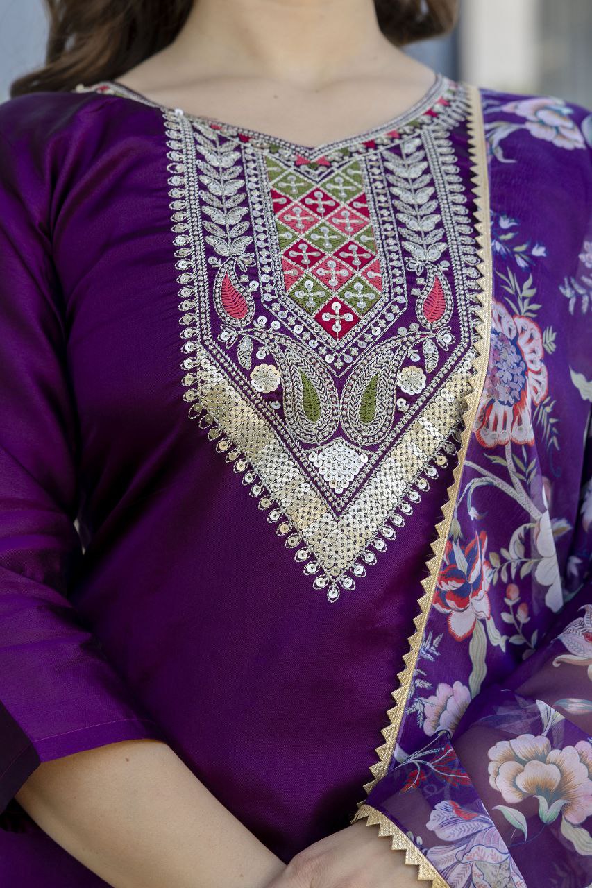 Viscose Chanderi Cotton Silk Embroidered Kurti Pant Set with Organza Jacquard Dupatta