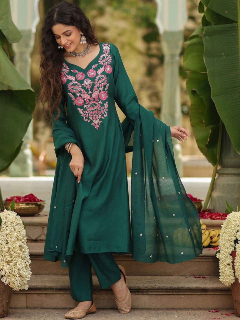 Rayon Slub Embroidered Kurti Pant Set with Heavy Chanderi Dupatta