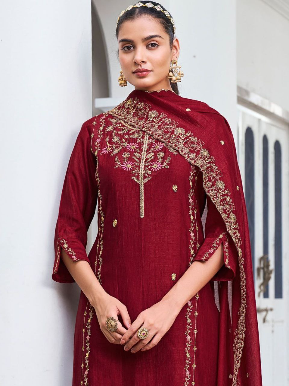 Vichitra Silk Embroidered Kurti Pant Set with Vichitra Silk Dupatta