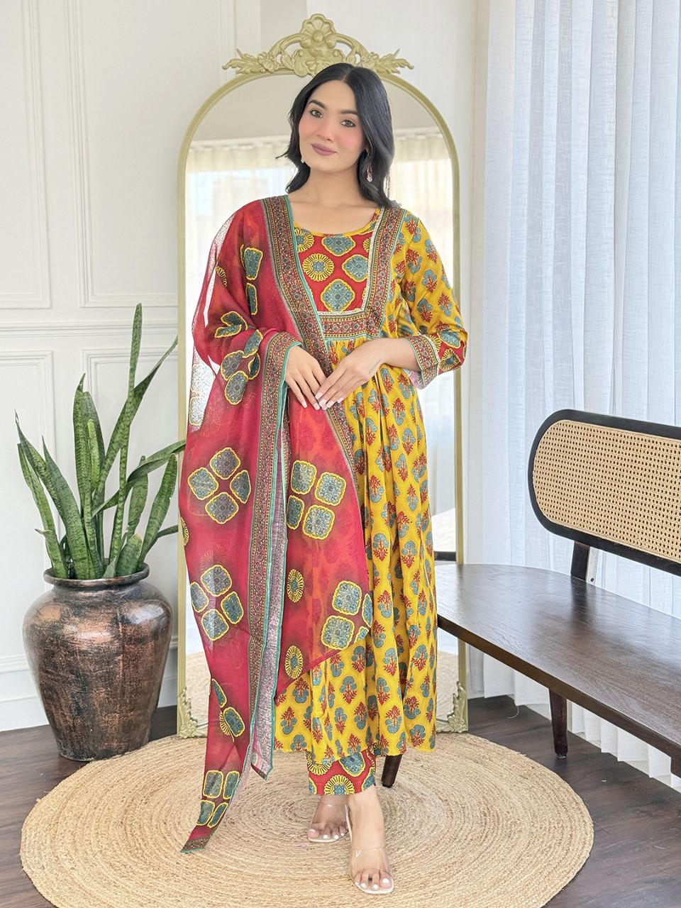 Heavy Rayon Embroidered Kurti Pant Set with Linen Slub Printed Dupatta