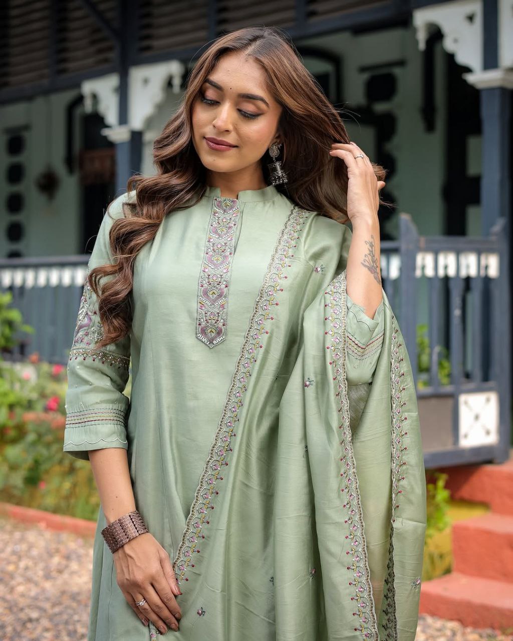 Heavy Muslin Silk Embroidered Kurti Pant Set with Chanderi Dupatta