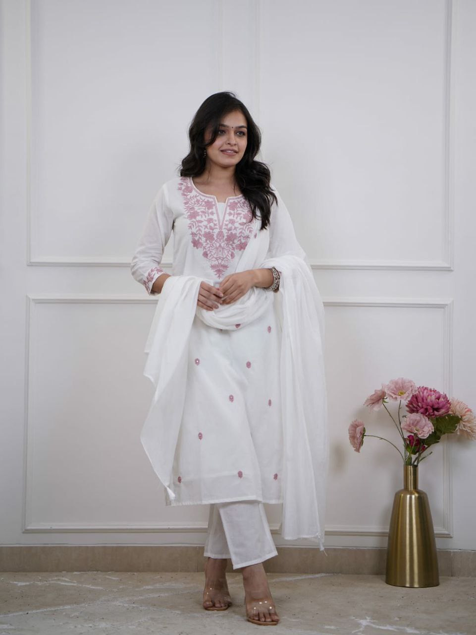 Pure Cotton Embroidered Kurti Pant Set with Nazmin Dupatta