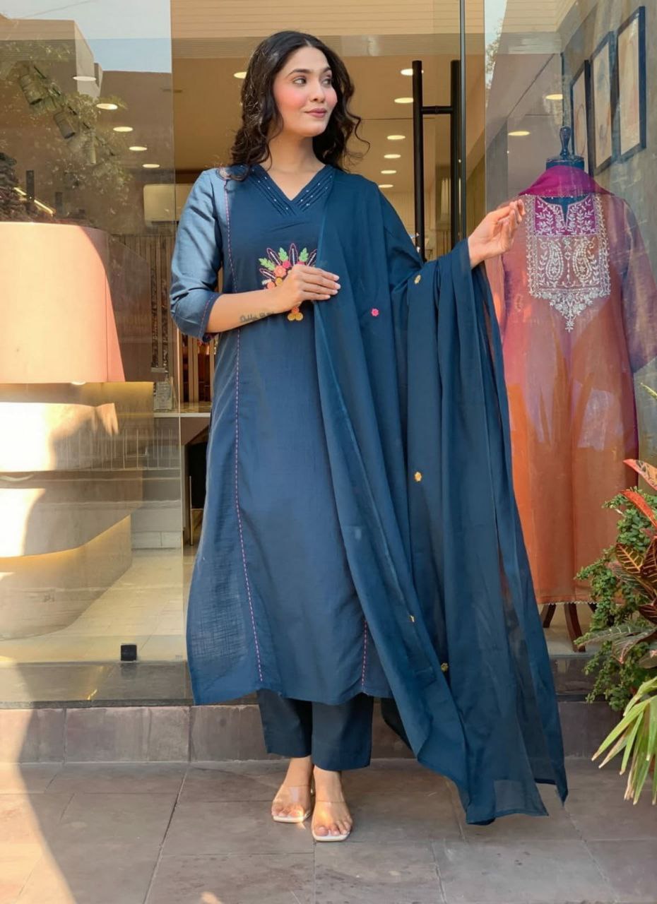 Rayon Slub Embroidered Kurti Pant Set with Chanderi Cotton Dupatta