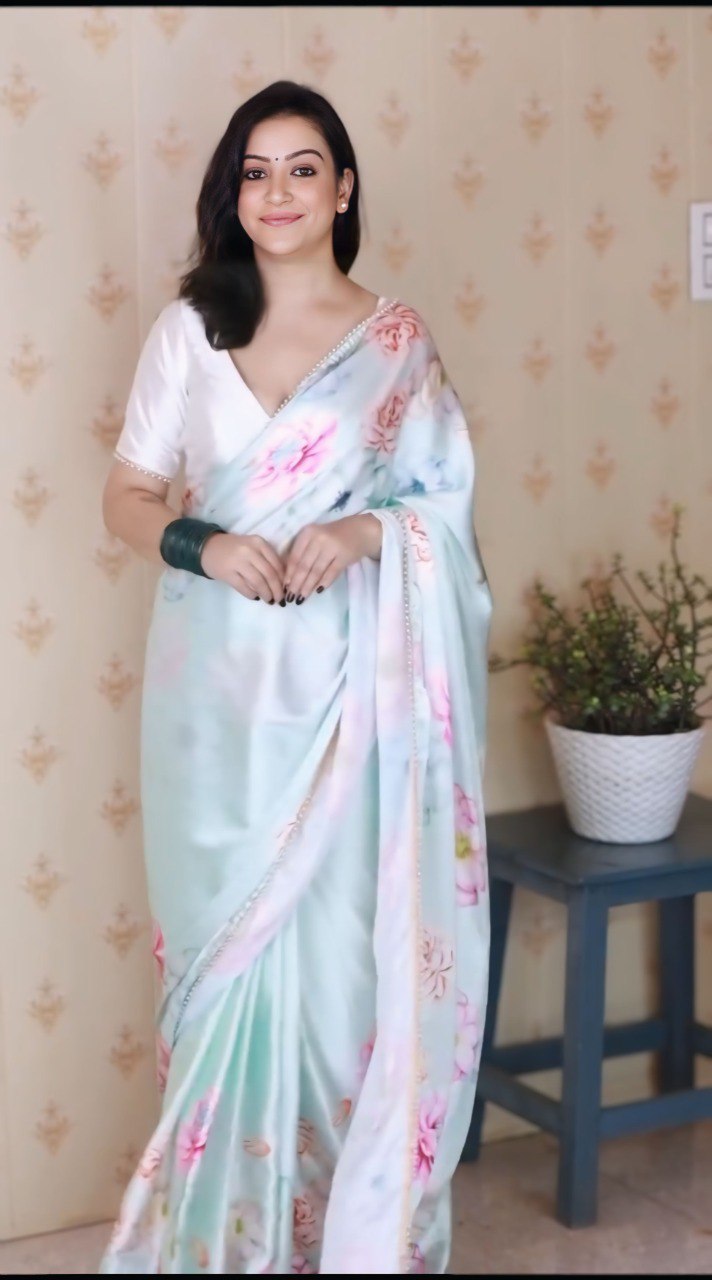 Elegant White Ready To Wear Satin Silk Printed Saree