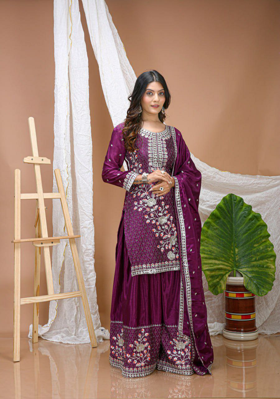 Chinon Embroidered Kurti Sharara Set with Dupatta
