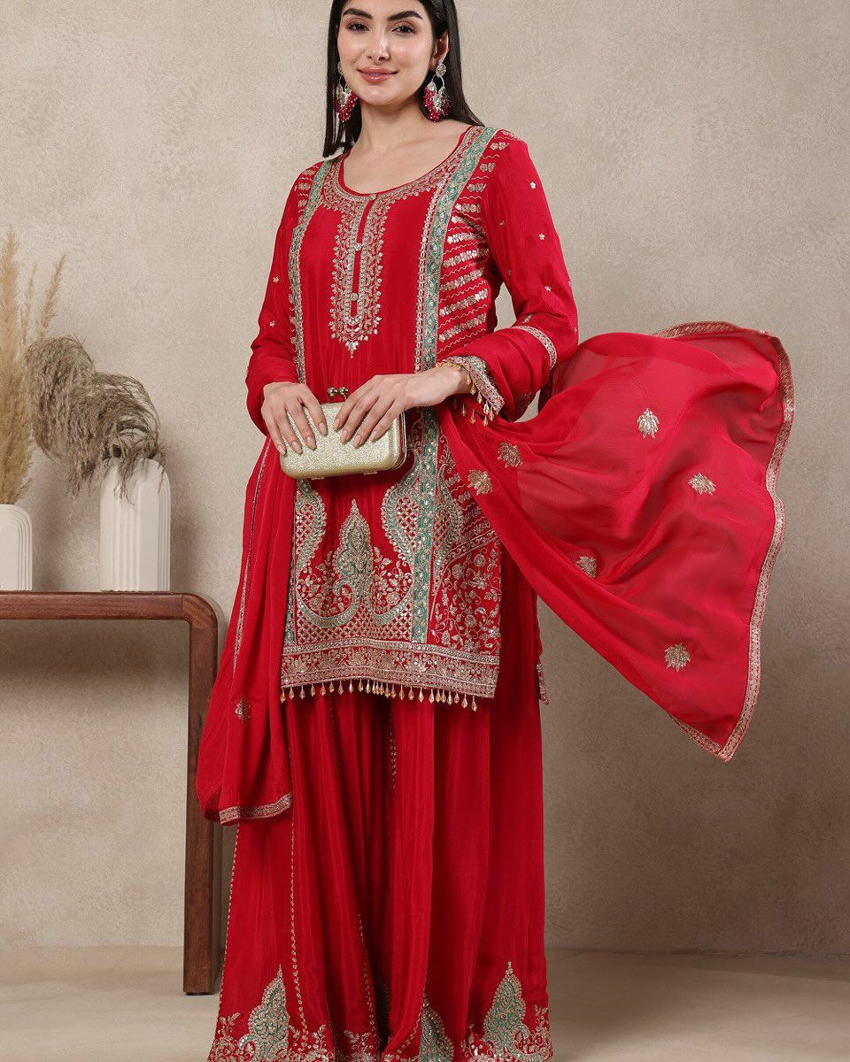 Heavy Chinon Silk Sequence Embroidered Kurti Sharara Set with Dupatta