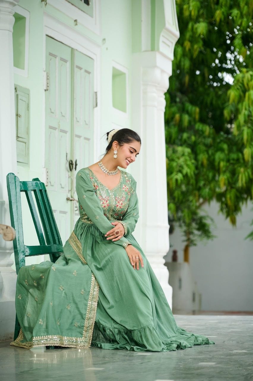 Designer Vichitra Silk Gown with Embroidered Dupatta