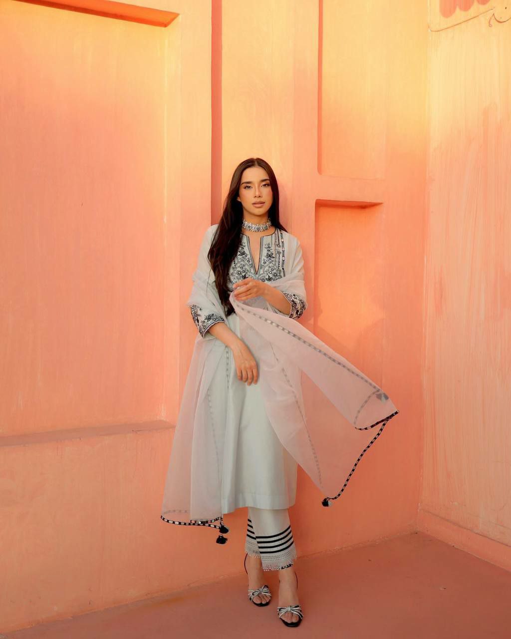 Elegant Georgette Foil Work Kurti Set with Dupatt