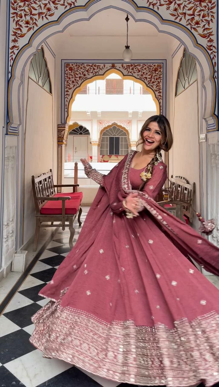 Designer Mul Chanderi Silk Gown Set with Pant & Dupatta