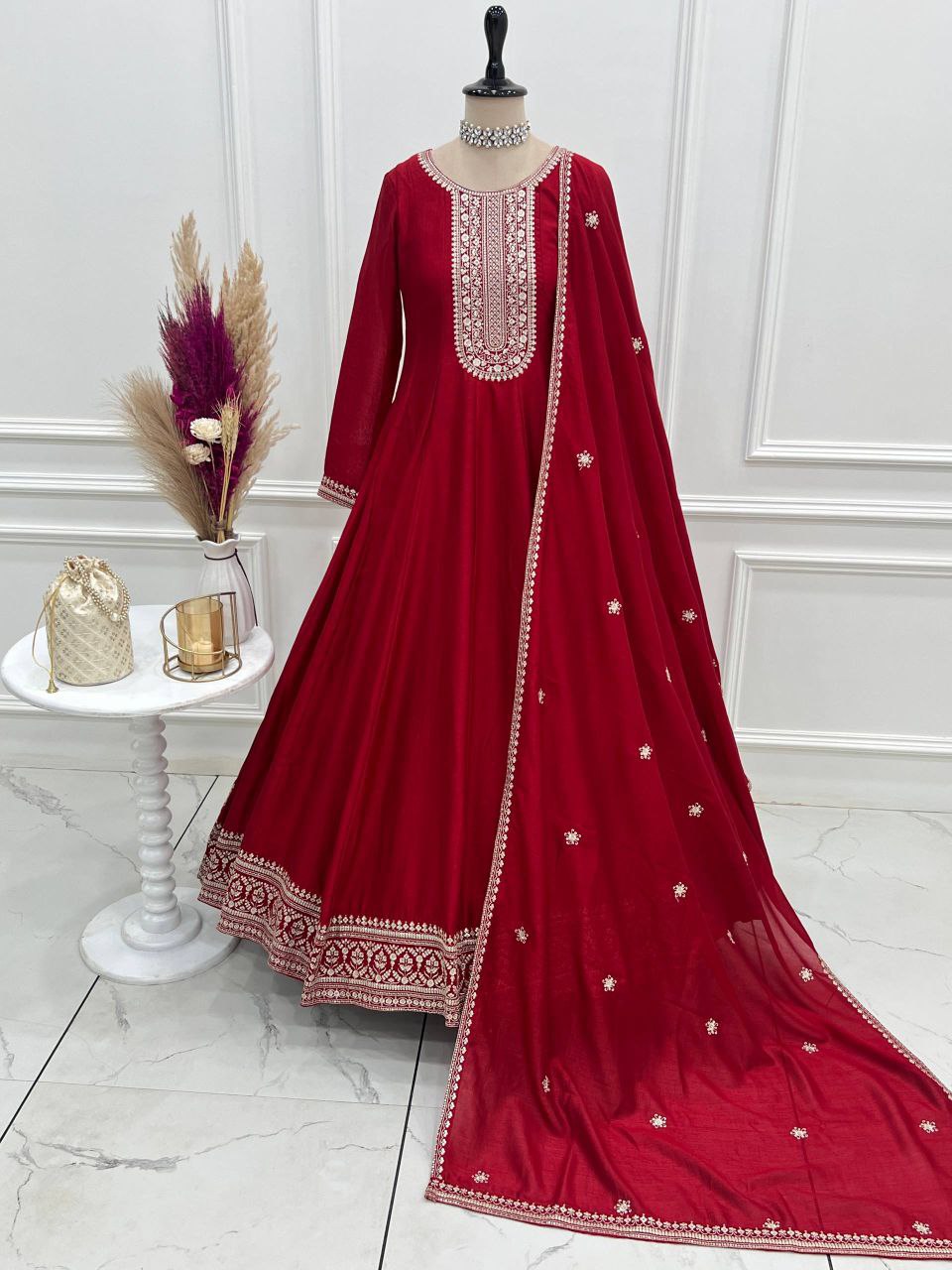 Designer Heavy Pure Vichitra Silk Anarkali Gown Set