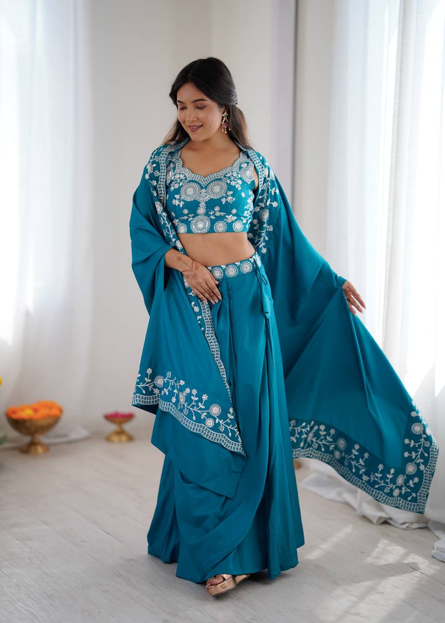 Premium Crepe Silk Dhoti Set with Shrug & Choli