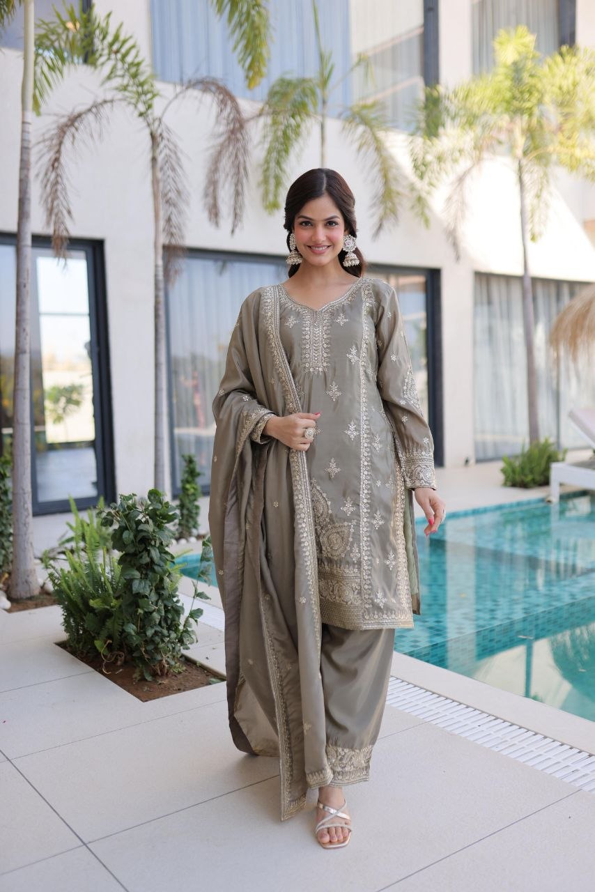 Designer Silk Kurti Set with Zari & Thread Embroidery