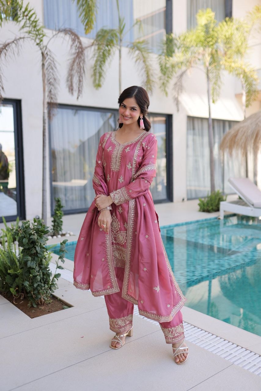 Designer Silk Kurti Set with Zari & Thread Embroidery
