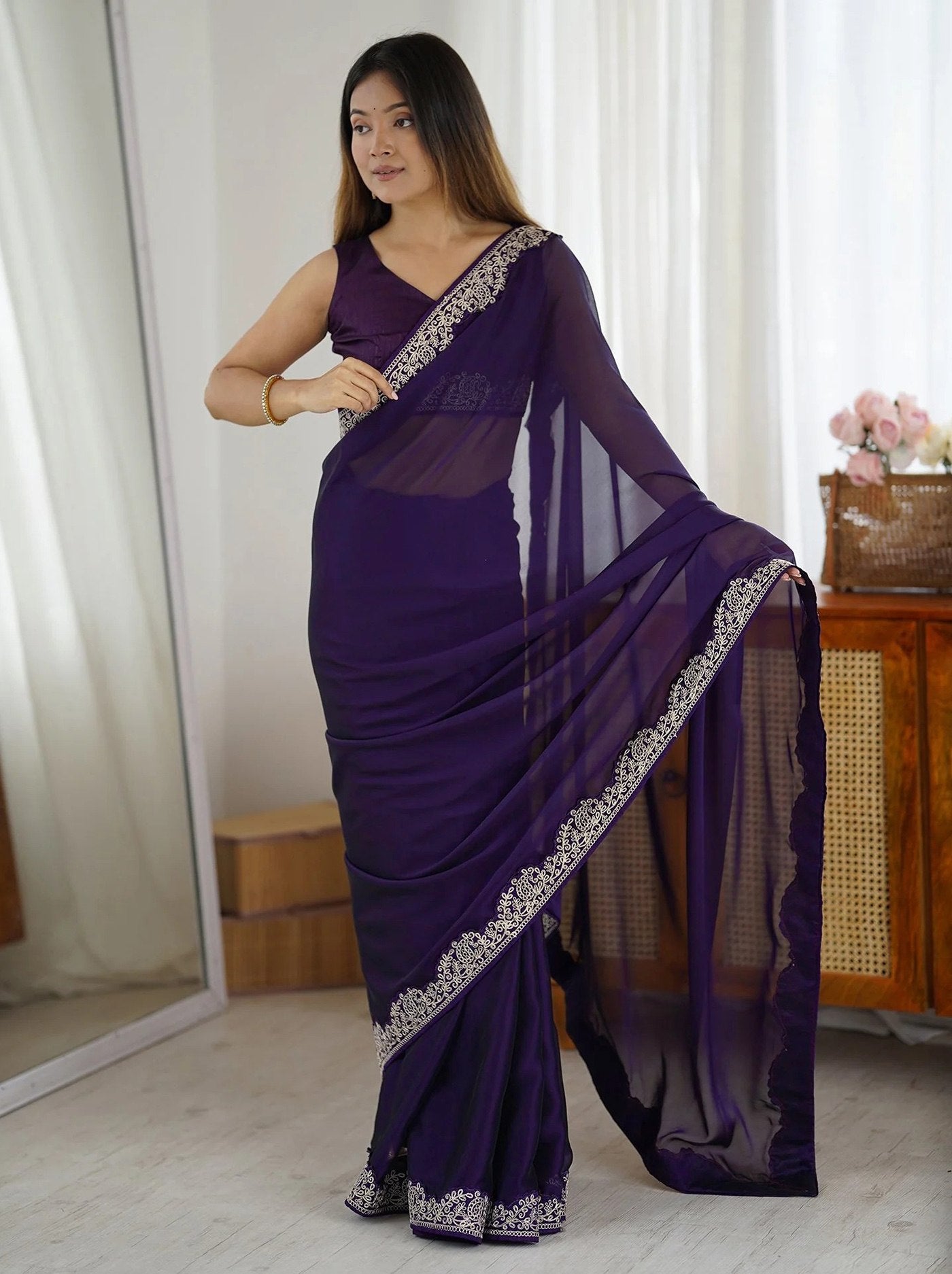 Purple Rangoli Party Wear Saree with Embroidery Work