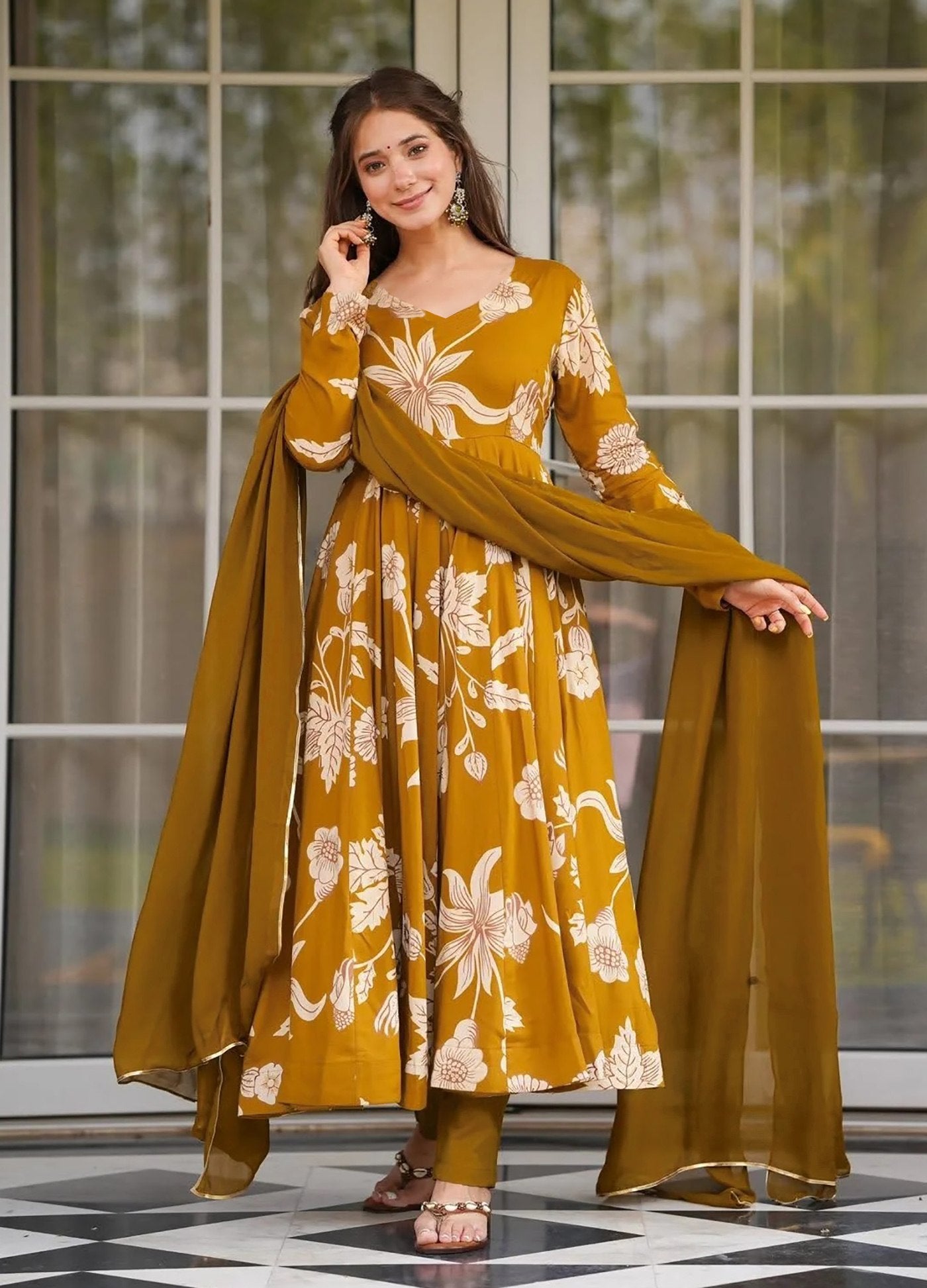 Women’s Yellow Rayon Slub Anarkali Kurta Pant Set with Georgette Dupatta