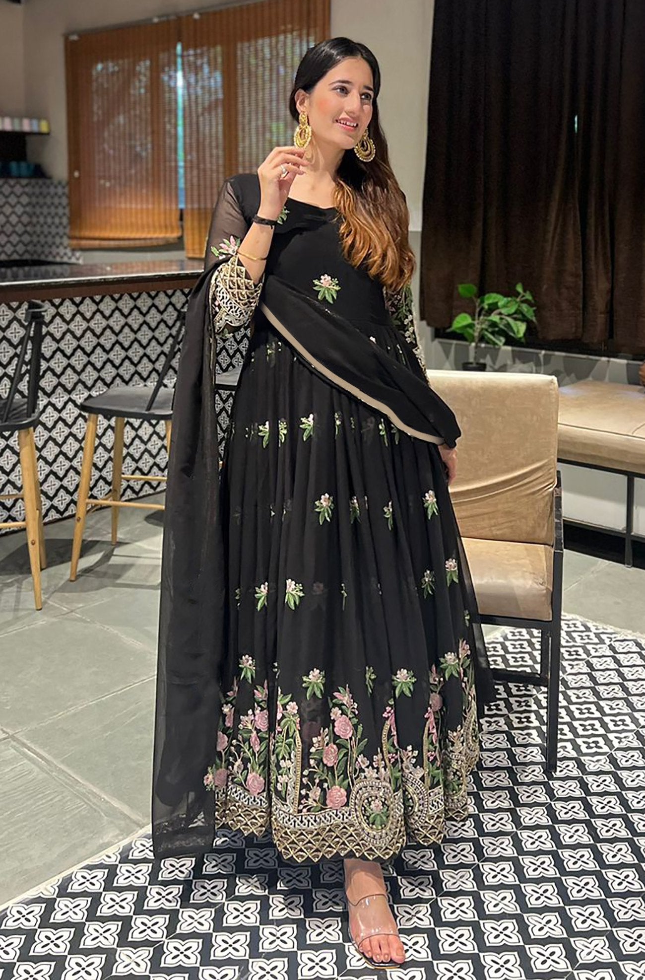 Black Georgette Embroidered Anarkali Gown with Dupatta