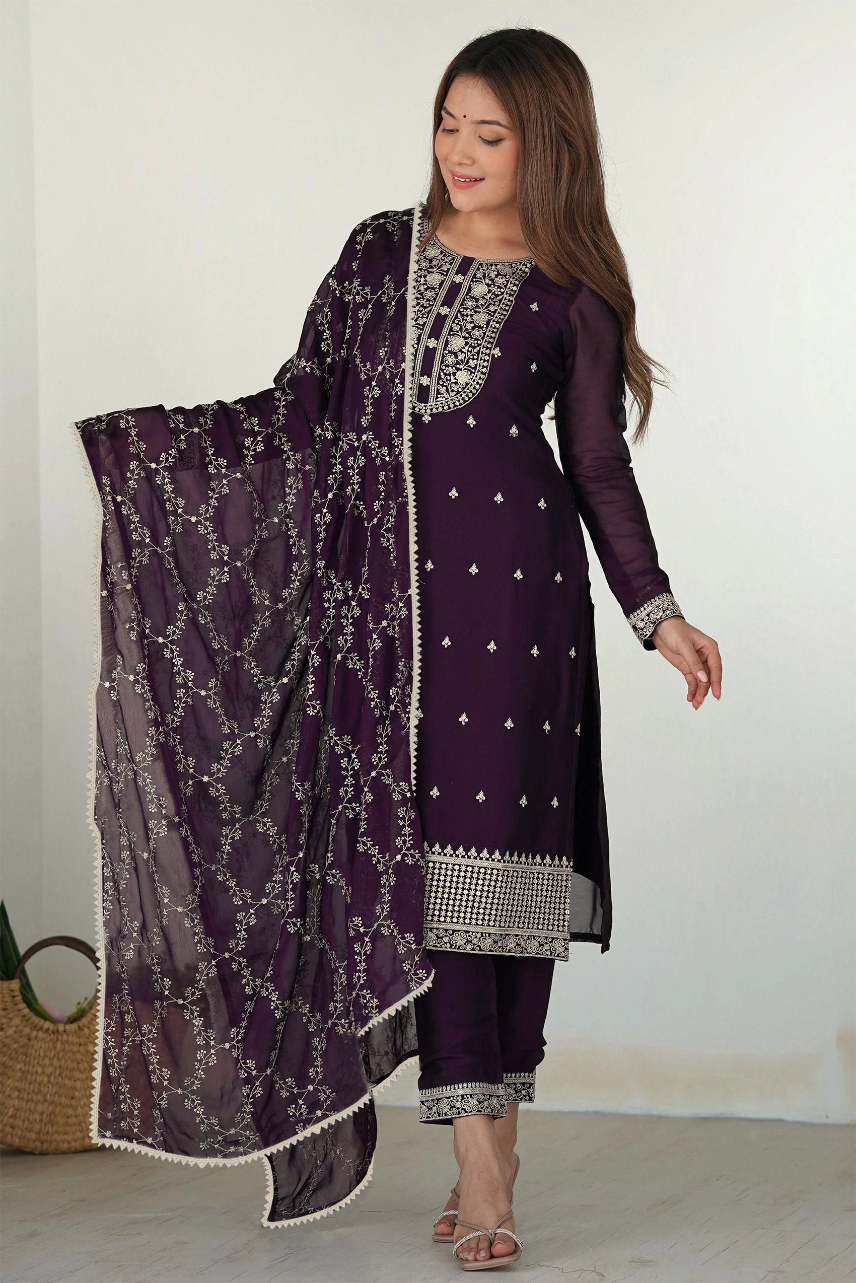 Women’s Purple Georgette Embroidered Kurta Pant Dupatta Set