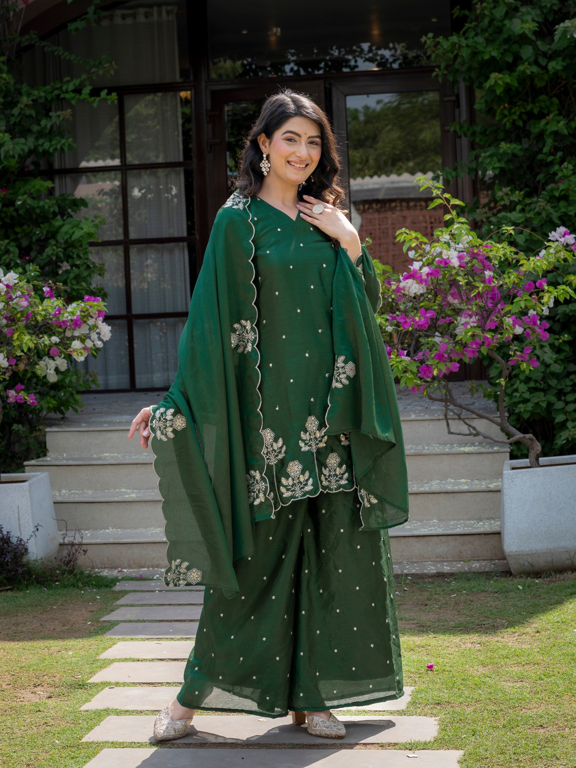 Premium Chinon Embroidered Kurti Set with Dupatta