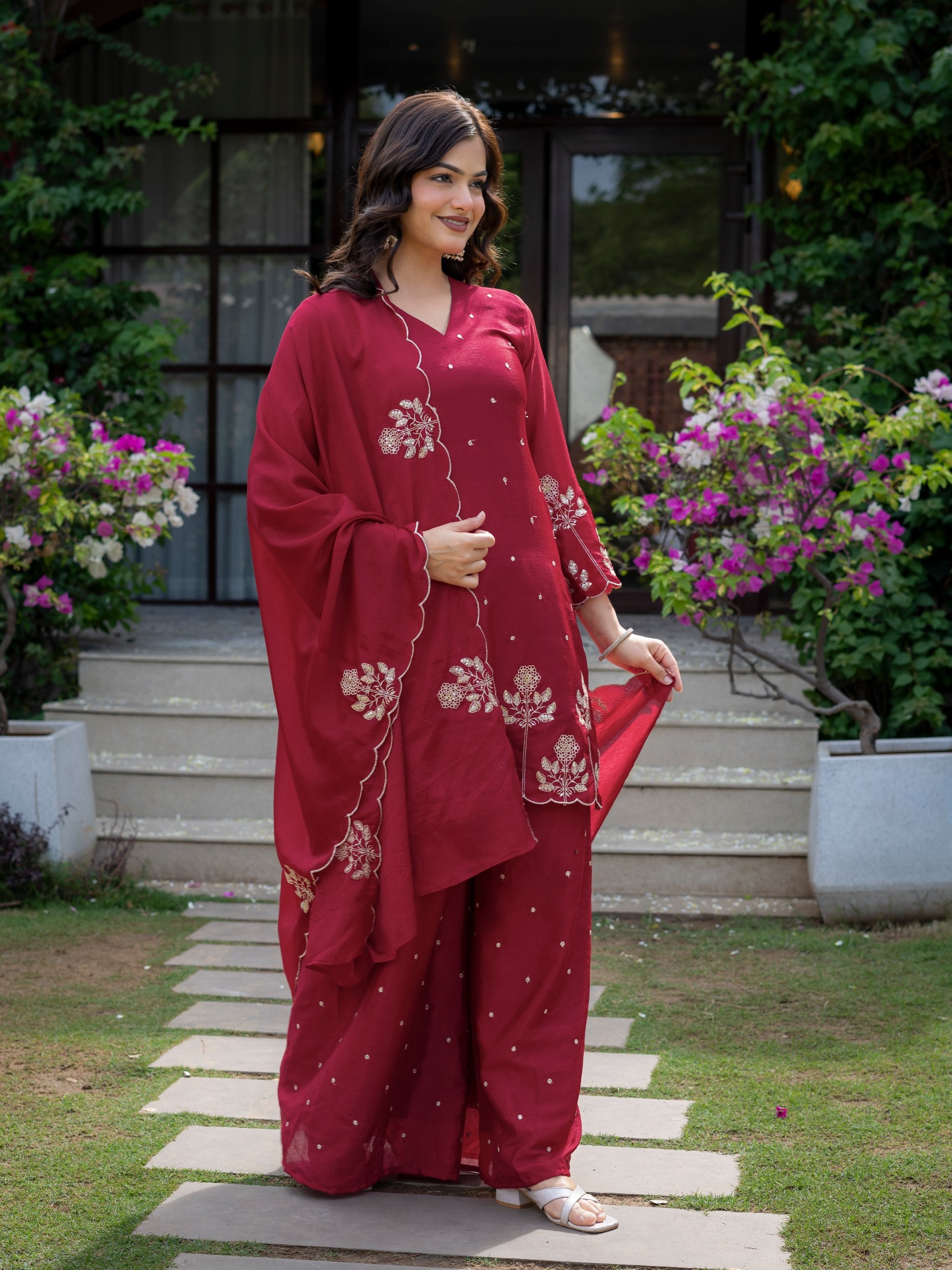 Premium Chinon Embroidered Kurti Set with Dupatta
