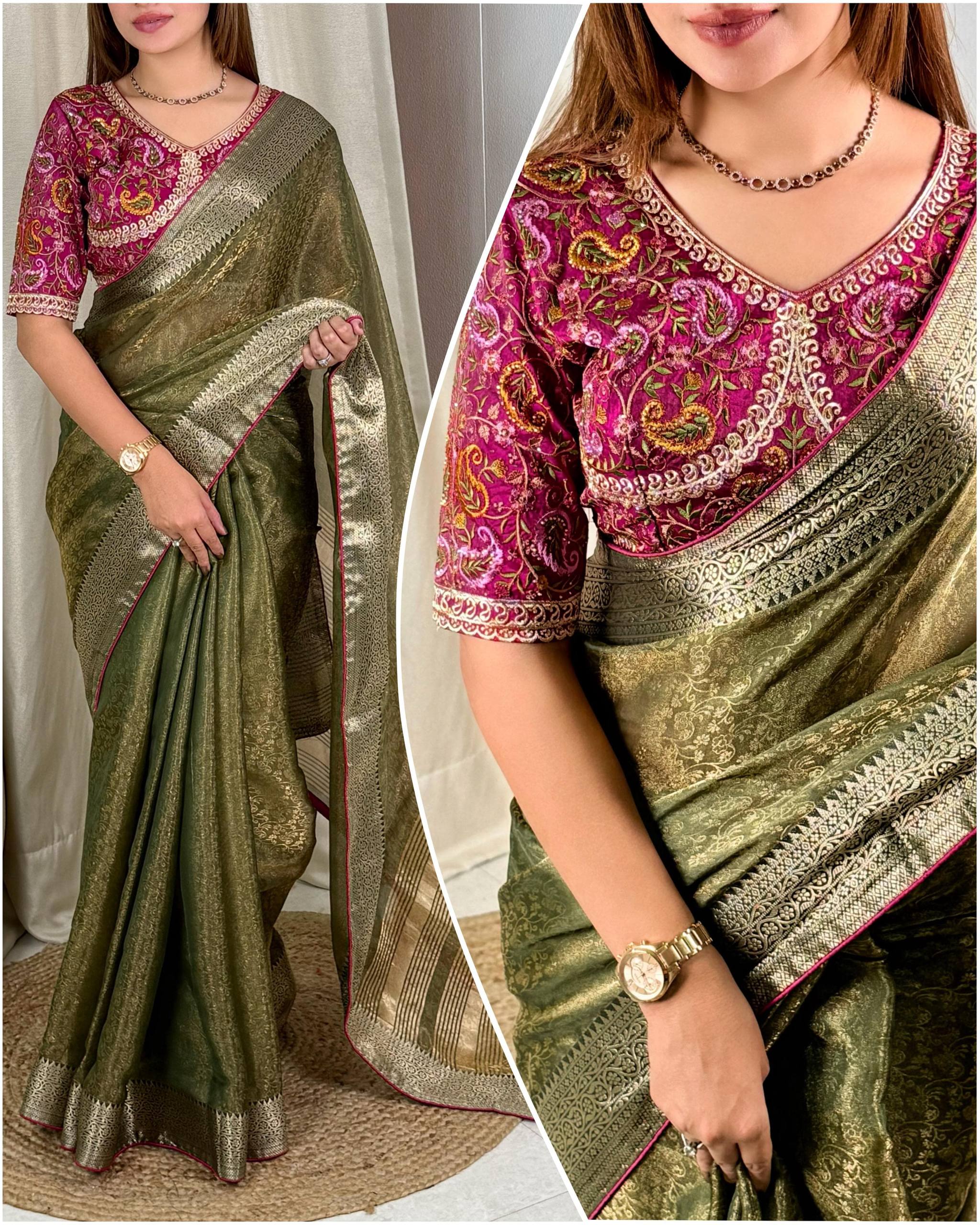 Designer Fandy Silk Saree with Kashmiri Embroidered Blouse