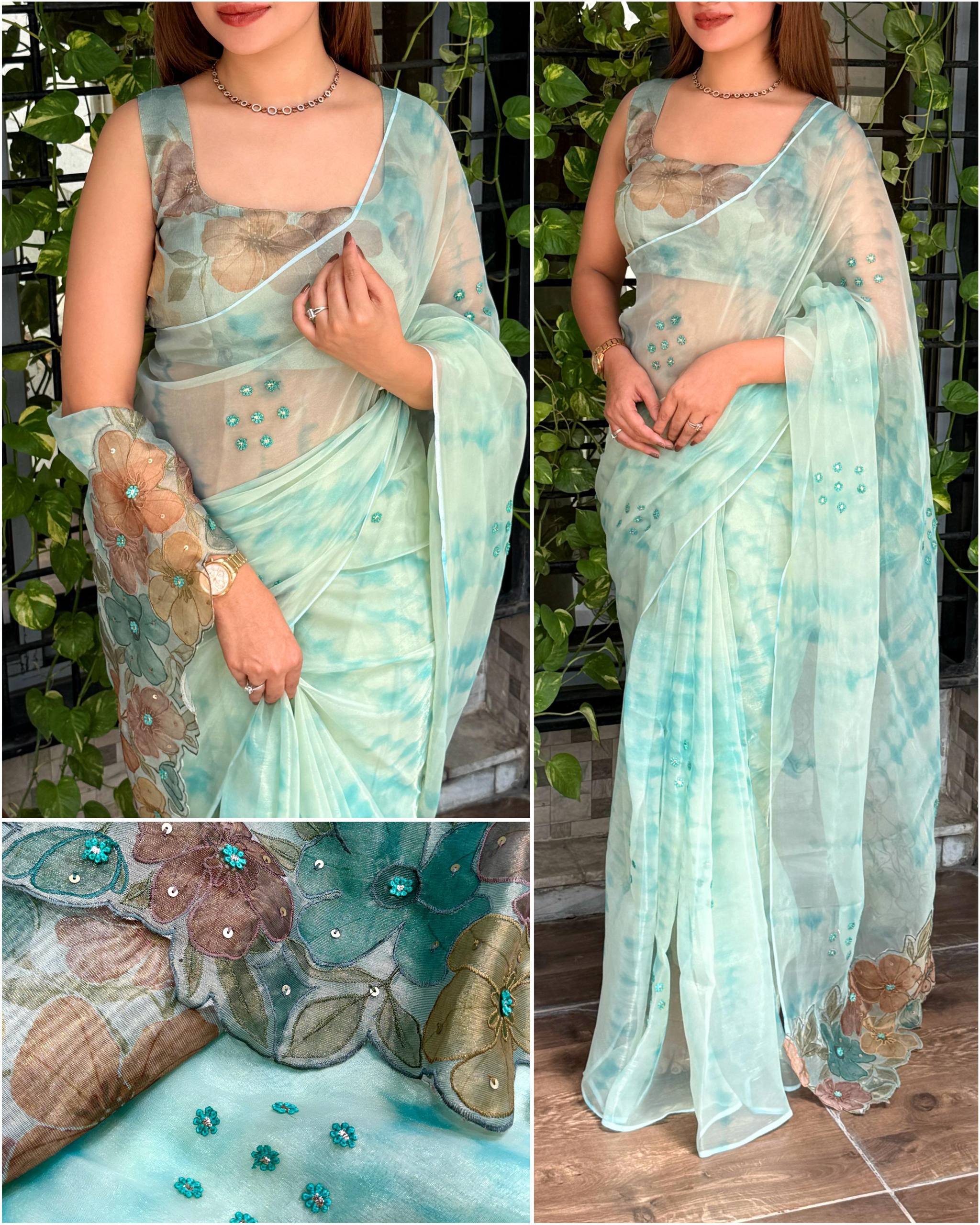 Pure Glass Tissue Designer Saree with Hand Applique Work