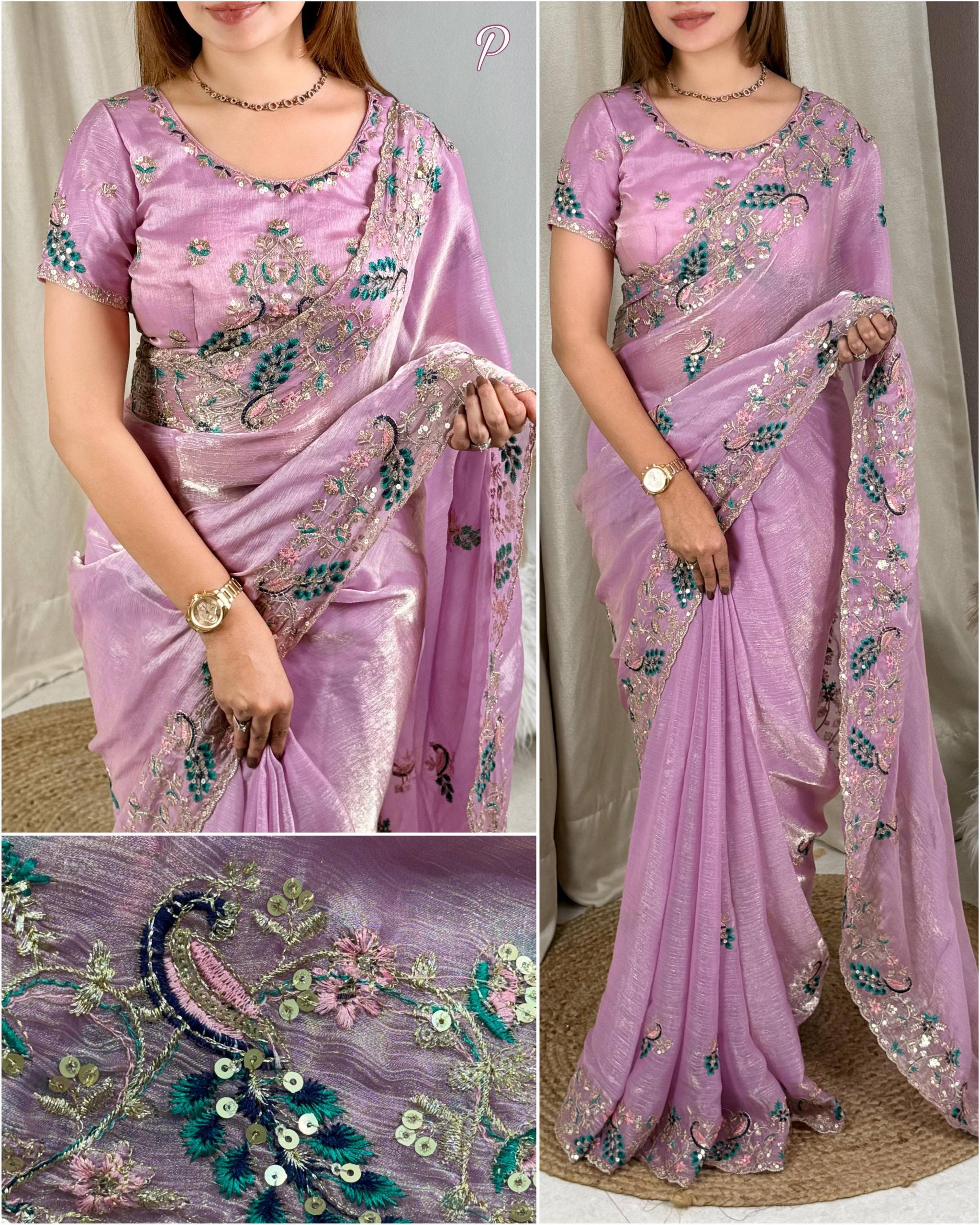 Party Wear Fandy Chiffon Saree with Sequins & Embroidered Blouse