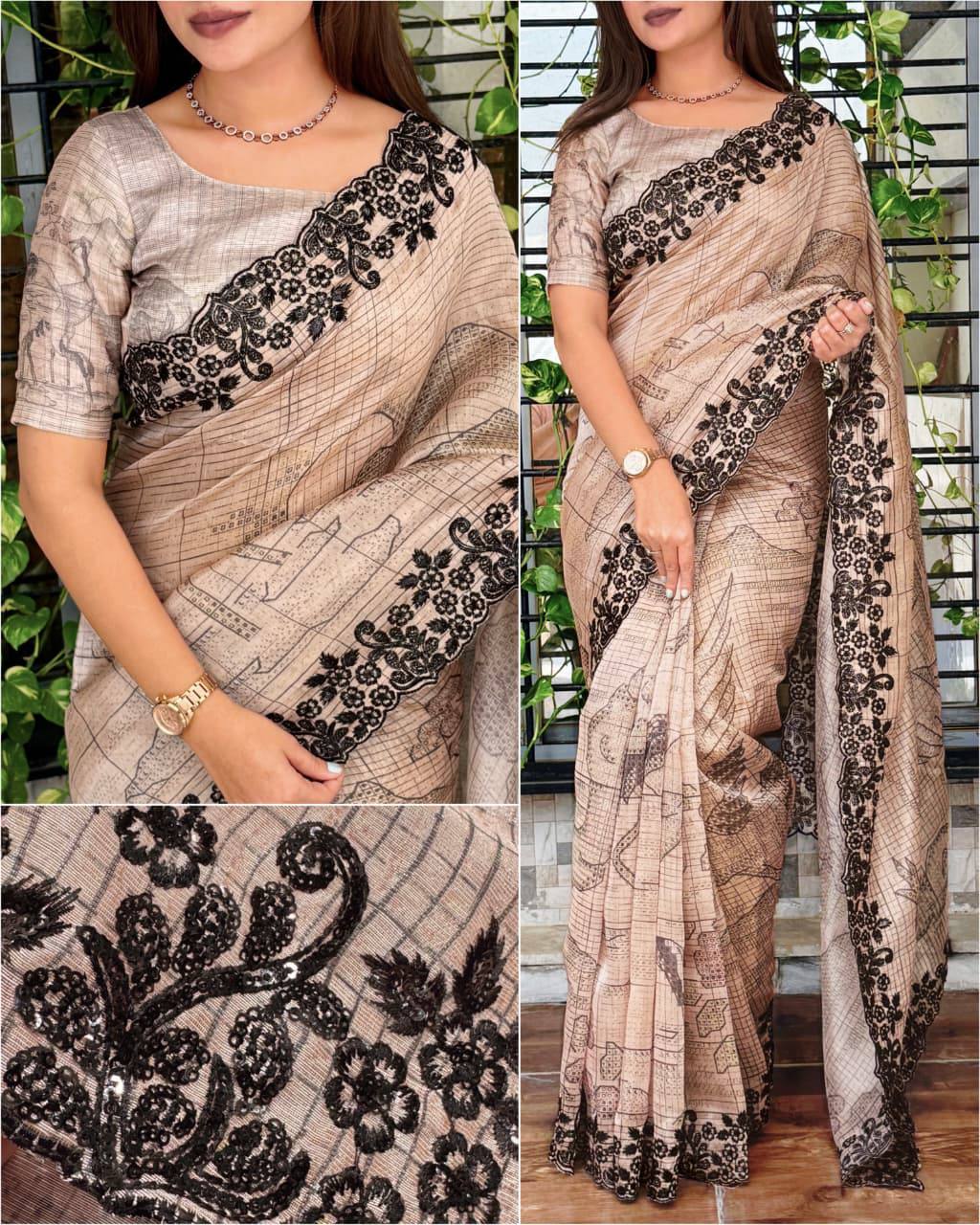 Designer Glass Organza Saree with Sequins & Digital Print