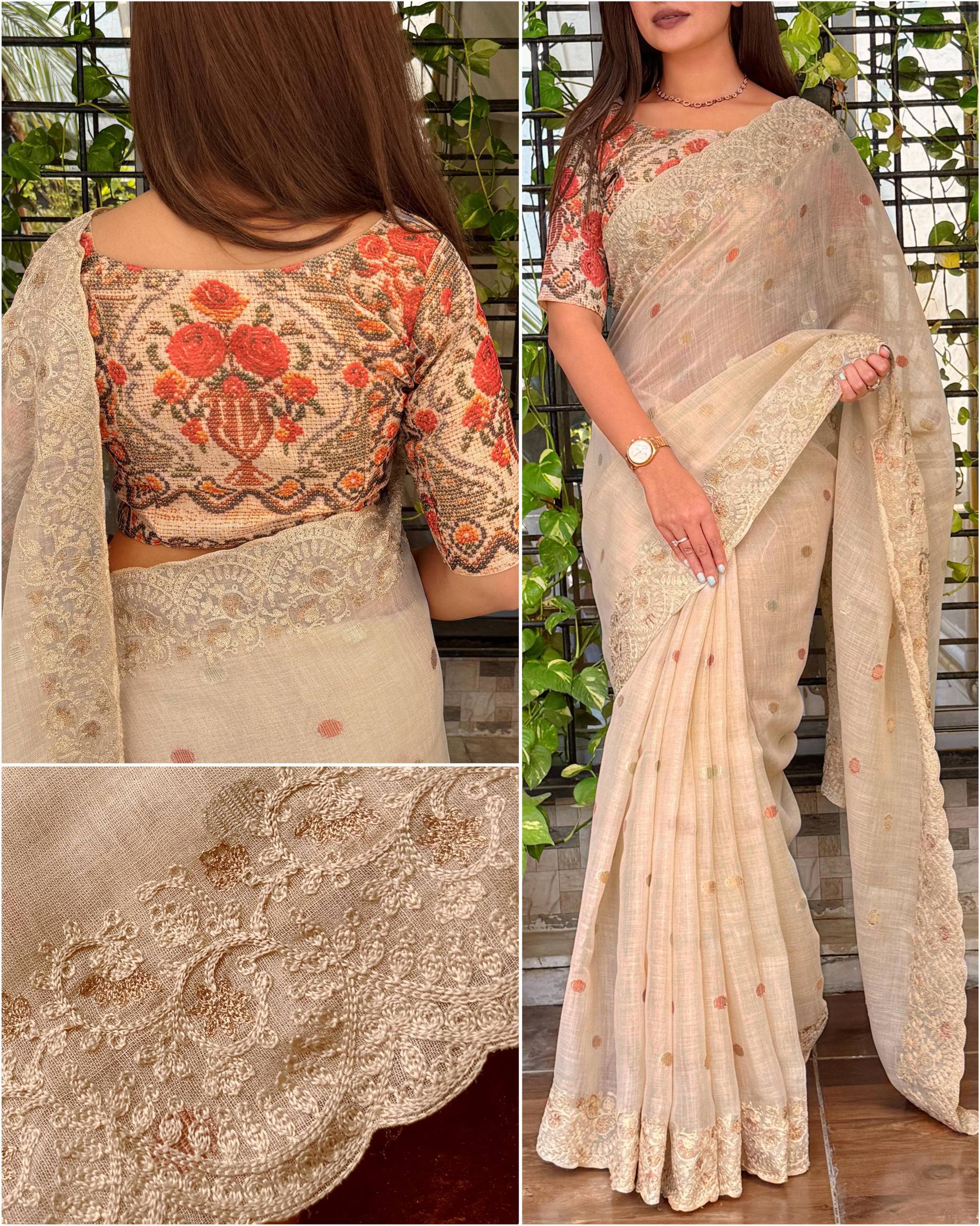 Premium Linen Cotton Saree with Zari Weaving & Designer Blouse