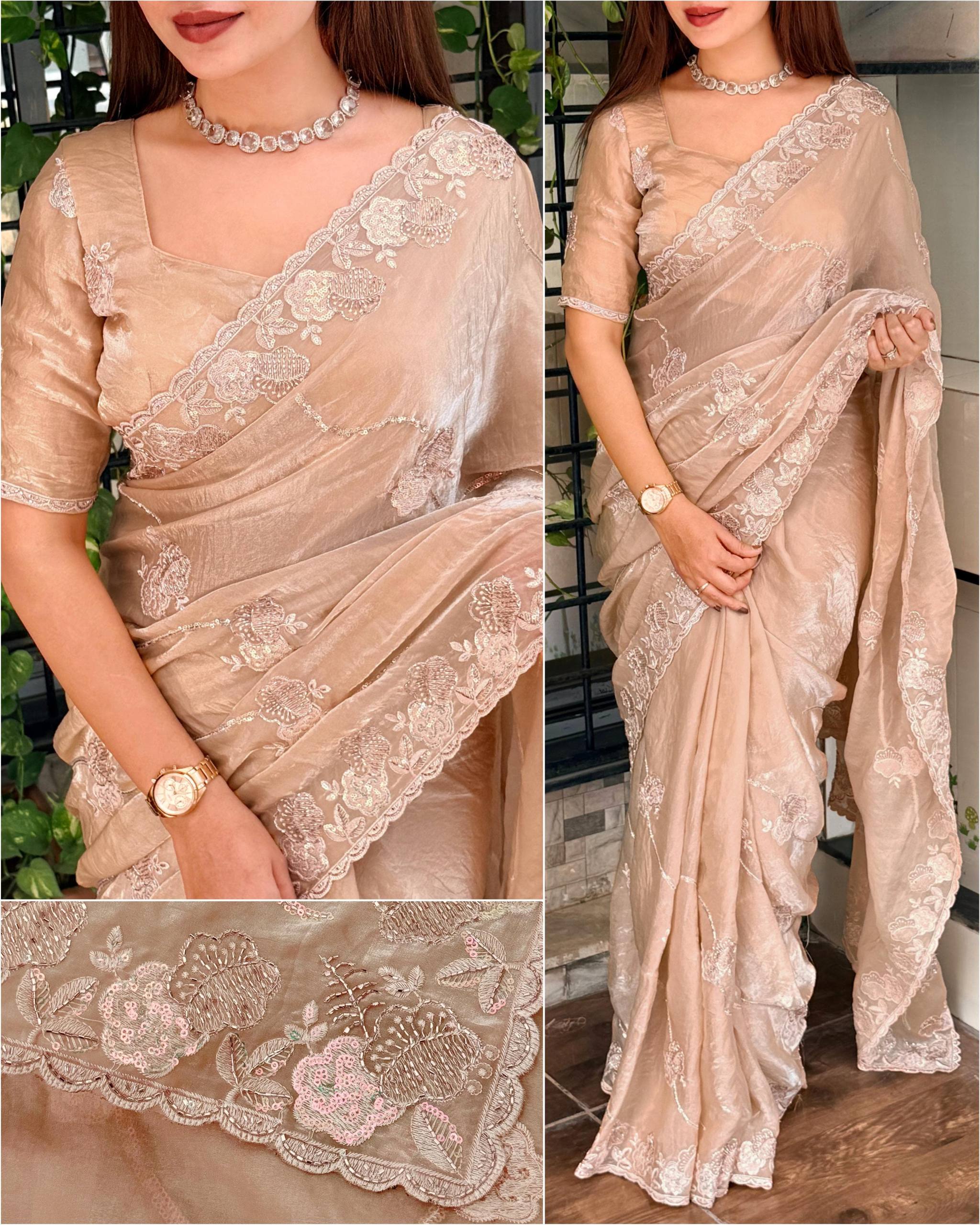Dusty Beige Fendy Satin Saree with Sequins & Beads Embroidery