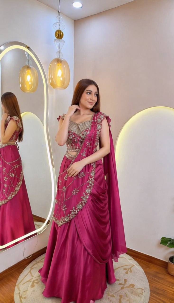 Lehenga Style Saree in Premium Crepe Silk with Sequins Embroidery