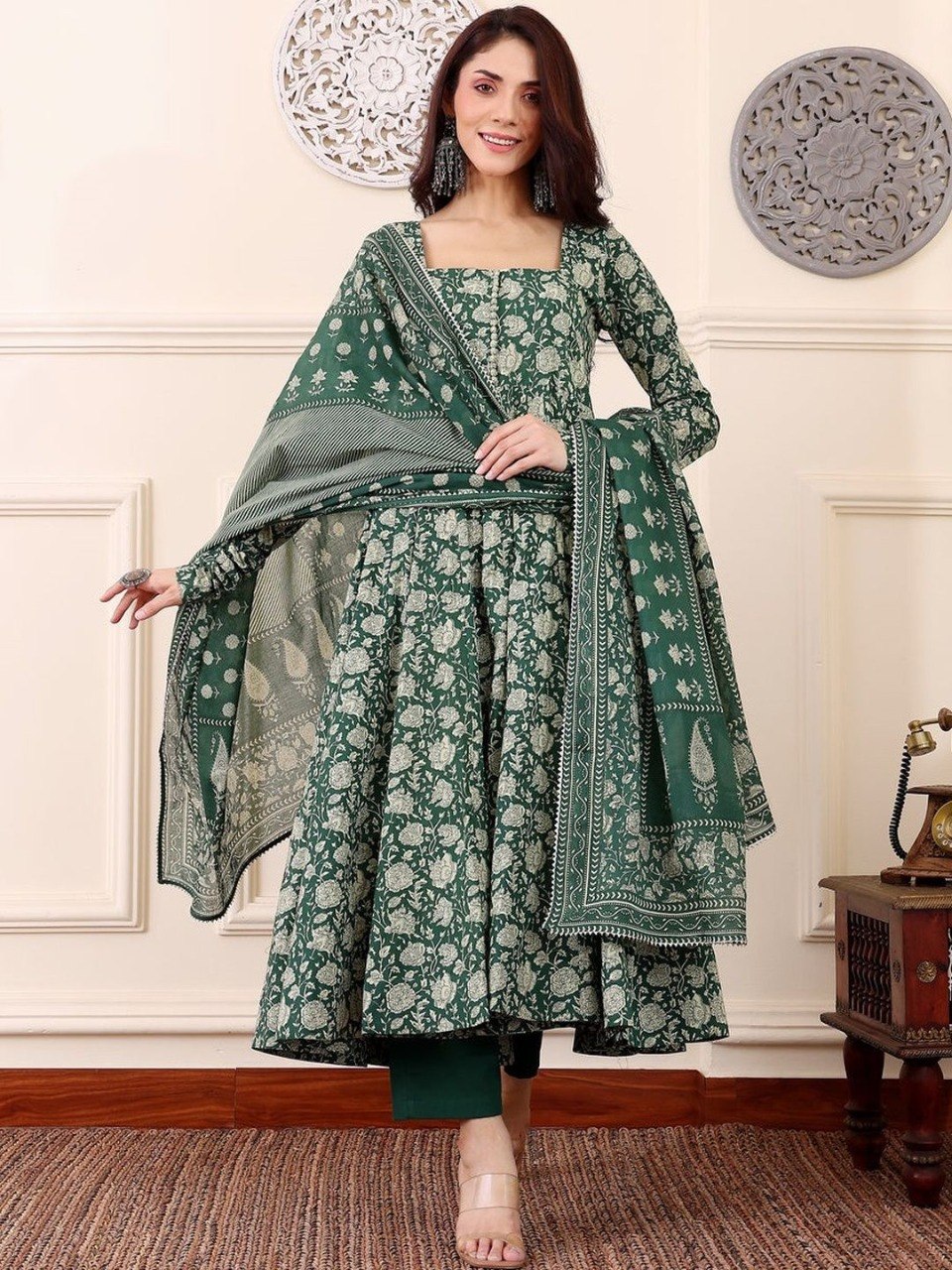 Dark Green Rayon Printed Kurti Set with Pant & Dupatta